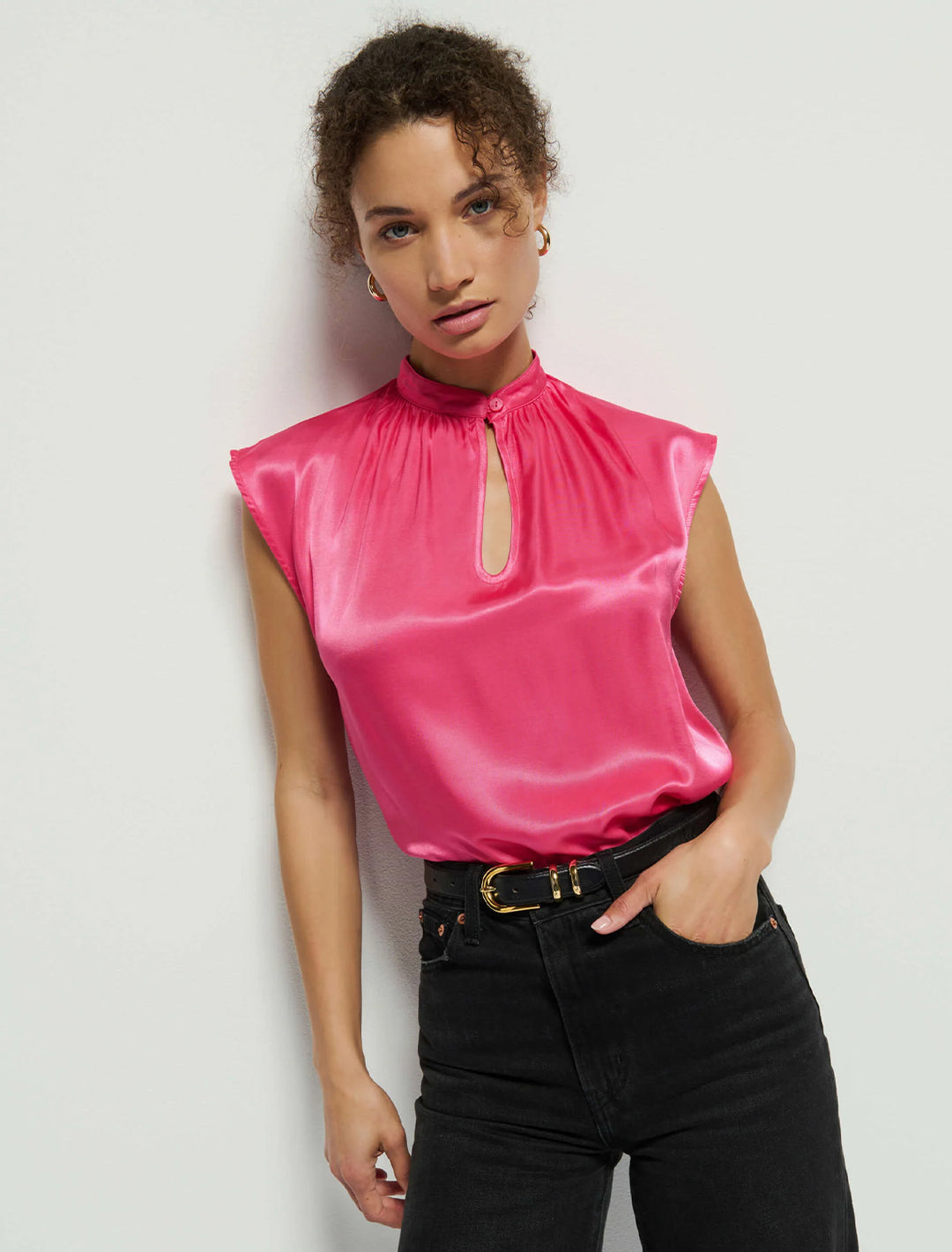 Model wearing Nation LTD's jeanne top in pink flambe.