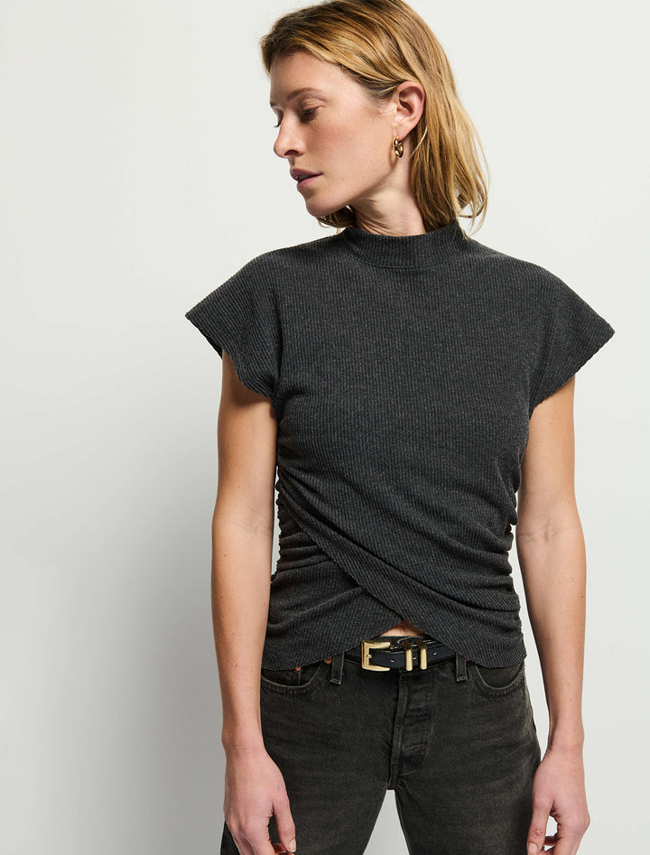 Model wearing Nation LTD's khloe top in dark charcoal.