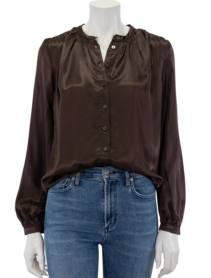 Front view of Nation LTD's trishia shirred blouse in coffee.