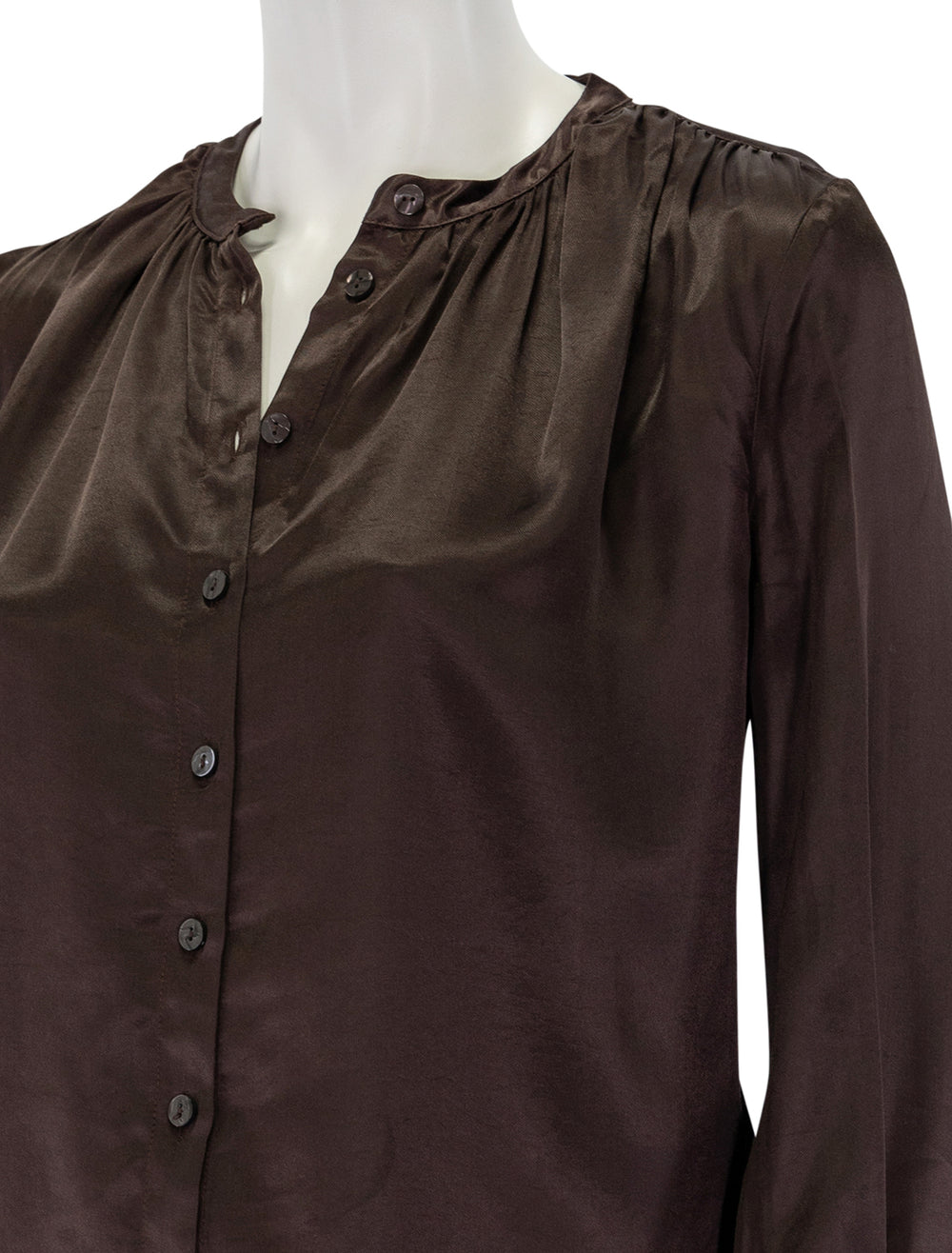 Close-up view of Nation LTD's trishia shirred blouse in coffee.