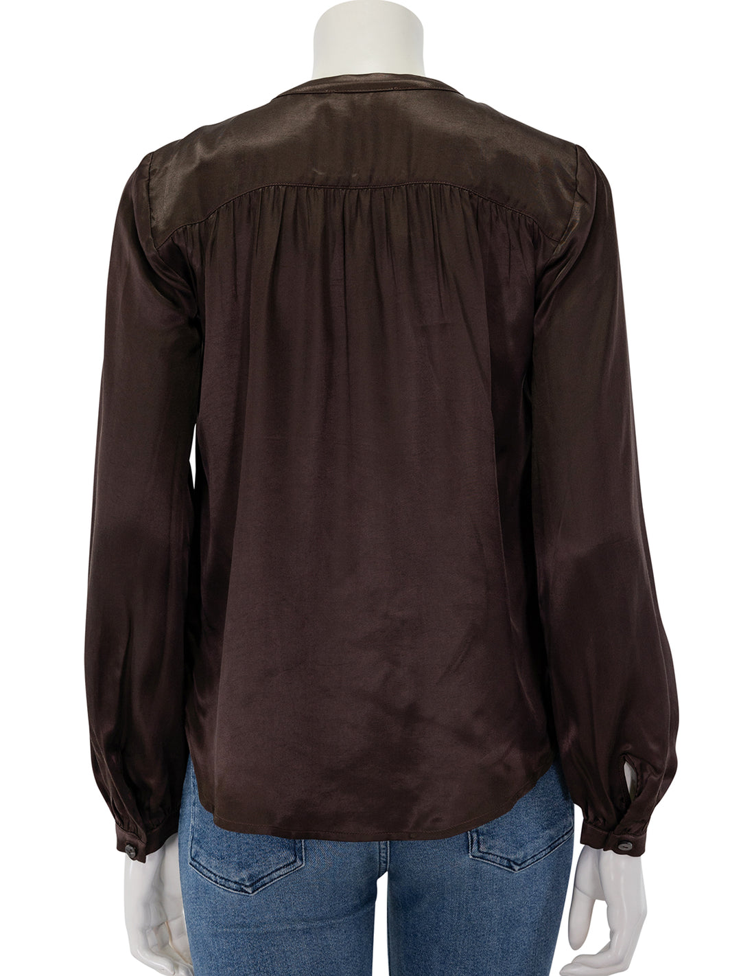 Back view of Nation LTD's trishia shirred blouse in coffee.