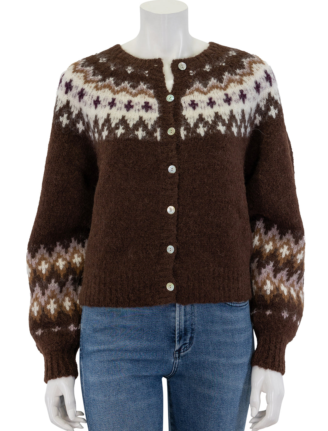 Front view of Nation LTD's lula fair isle cardi in coffee.