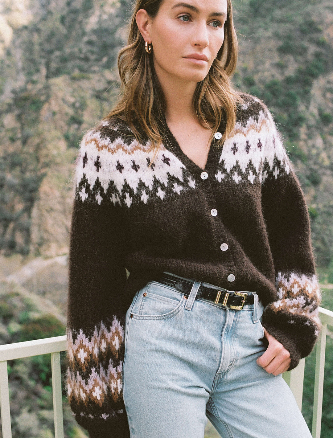 Model wearing Nation LTD's lula fair isle cardi in coffee.