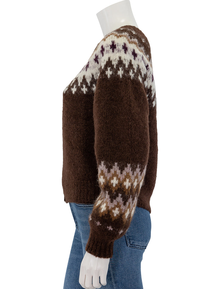 Side view of Nation LTD's lula fair isle cardi in coffee.