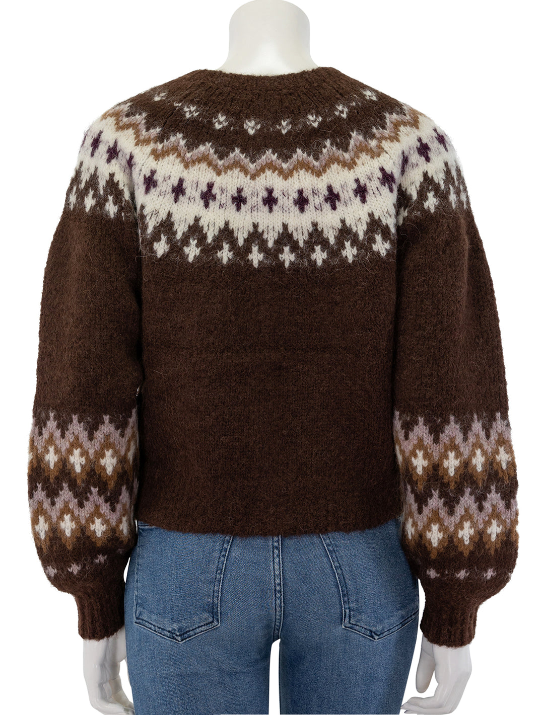 Back view of Nation LTD's lula fair isle cardi in coffee.