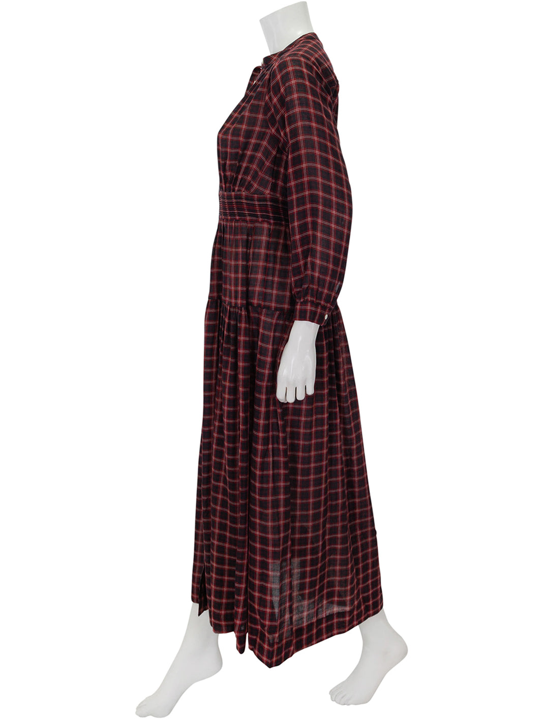 Side view of Doen's annika dress in red countryside plaid.