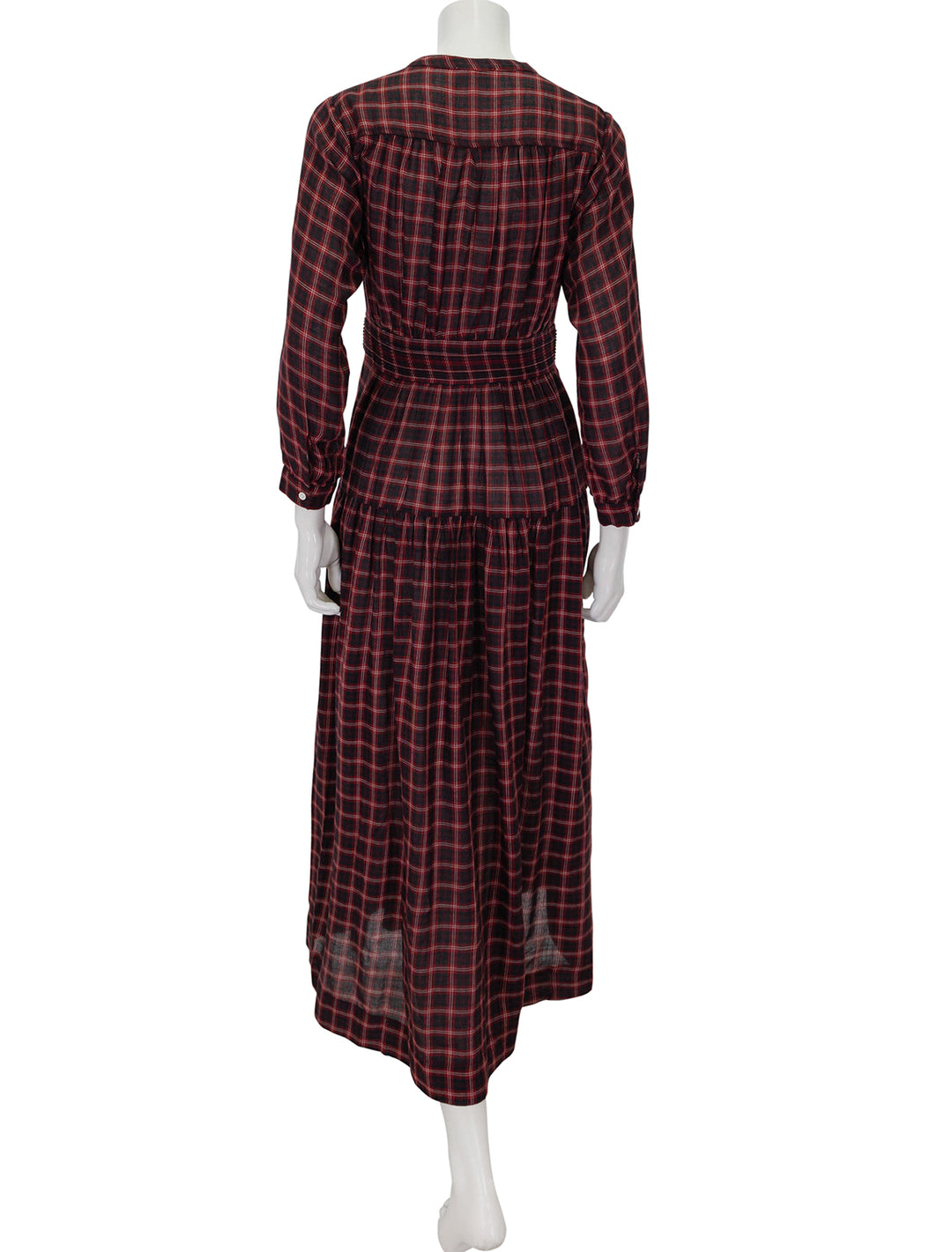 Back view of Doen's annika dress in red countryside plaid.