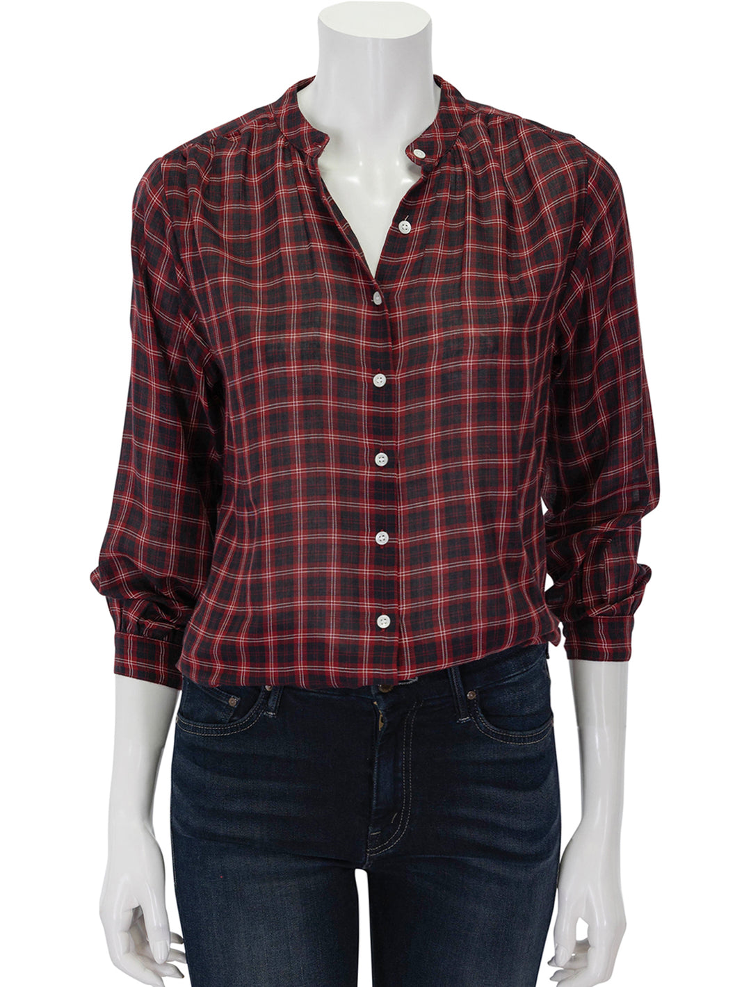 Front view of Doen's breena top in red countryside plaid.