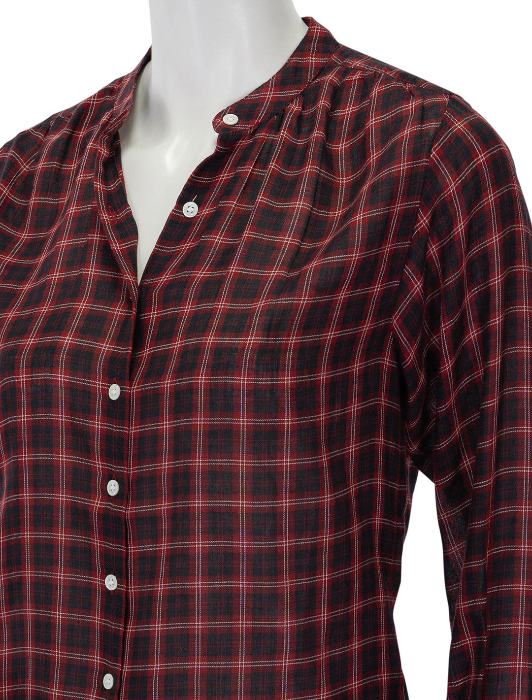 Close-up view of Doen's breena top in red countryside plaid.