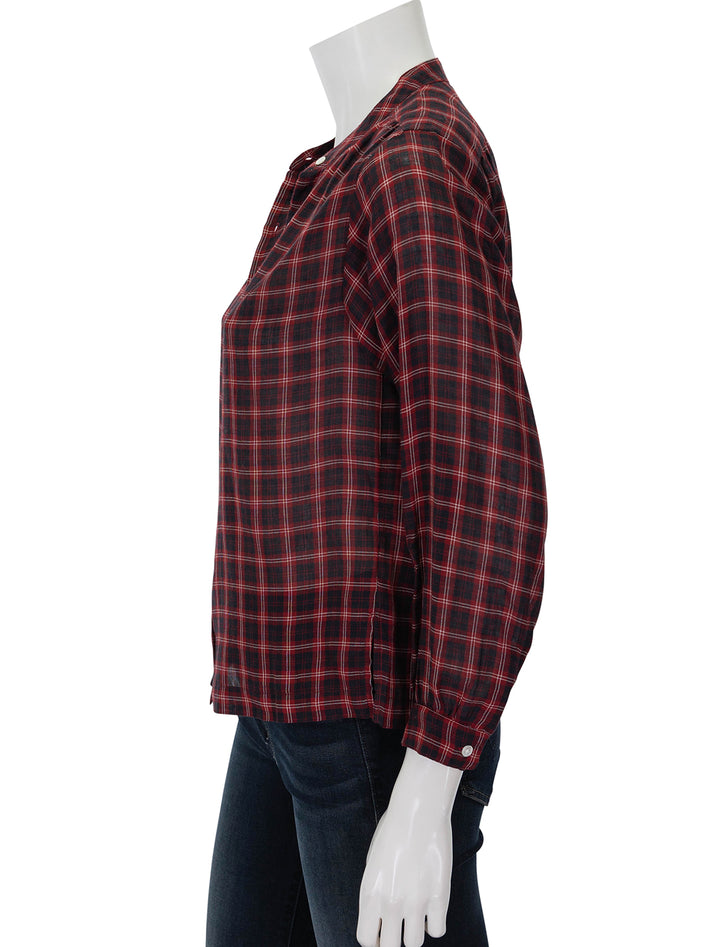 Side view of Doen's breena top in red countryside plaid.