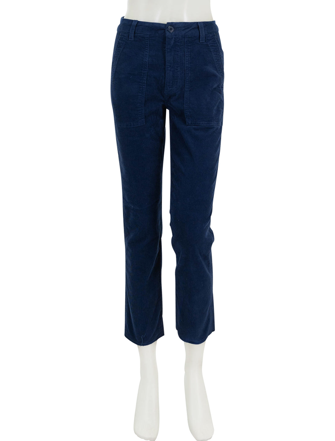 Front view of AMO's corduroy easy army trouser in neptune.