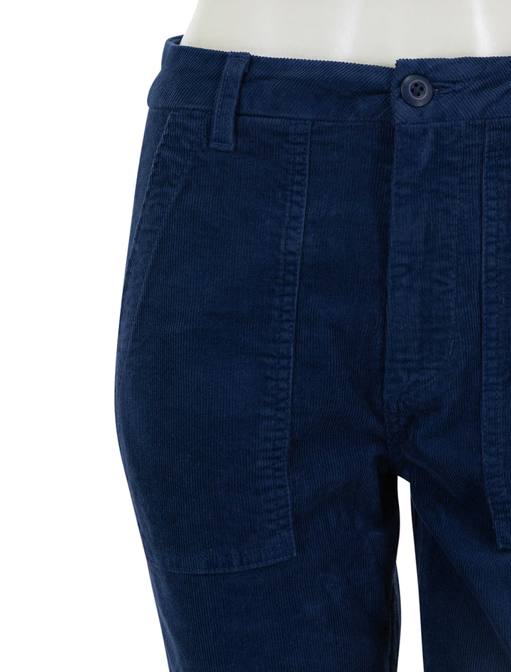 Close-up view of AMO's corduroy easy army trouser in neptune.