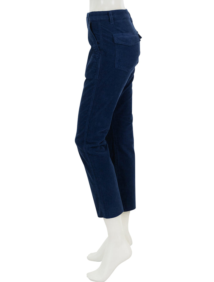 Side view of AMO's corduroy easy army trouser in neptune.