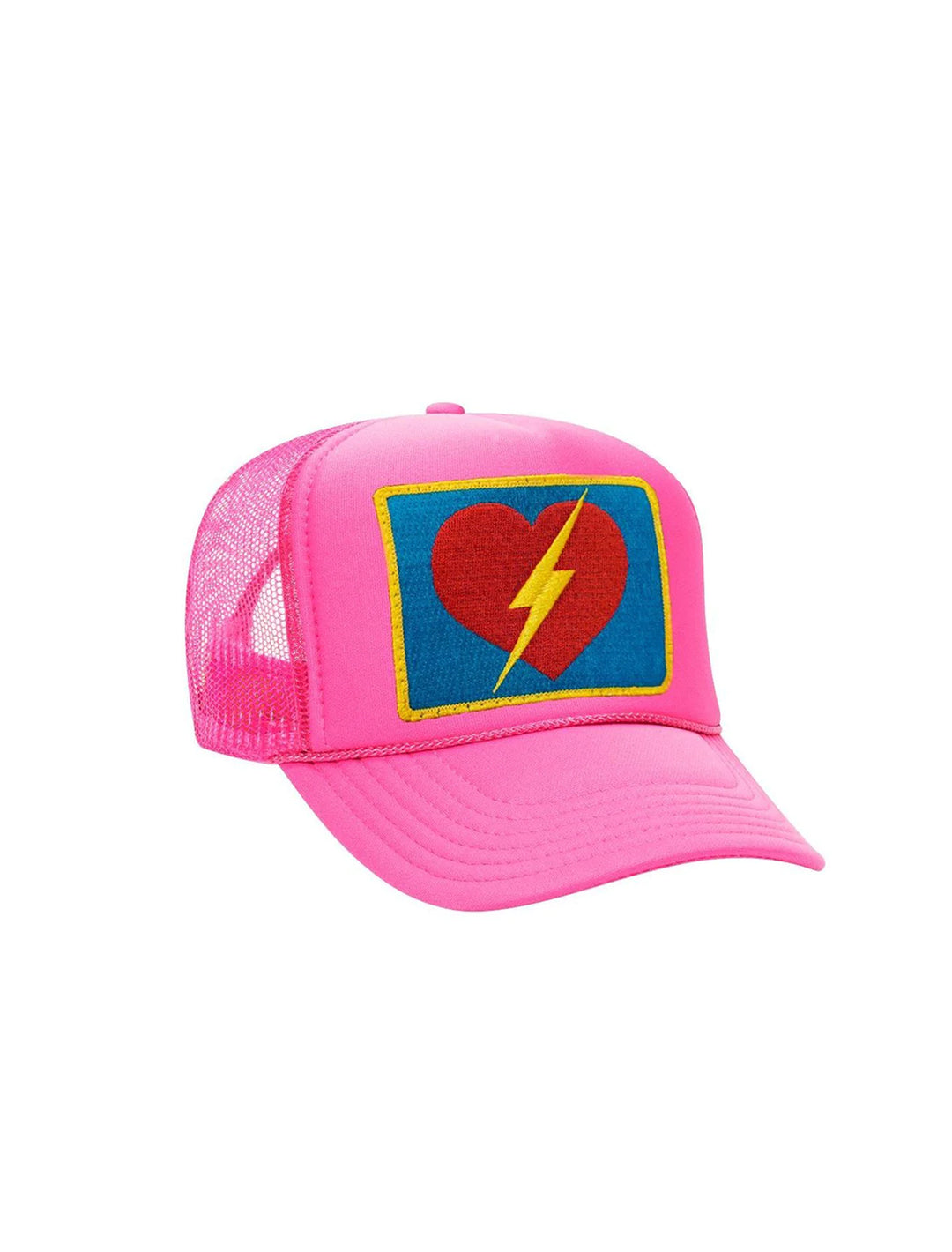 Front view of Aviator Nation's bolt heart trucker hat in neon pink.