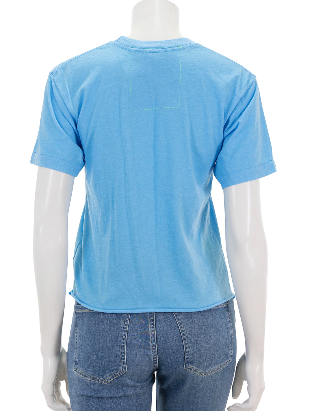 Back view of Aviator Nation's rainbow embroidery boyfriend tee in sky.