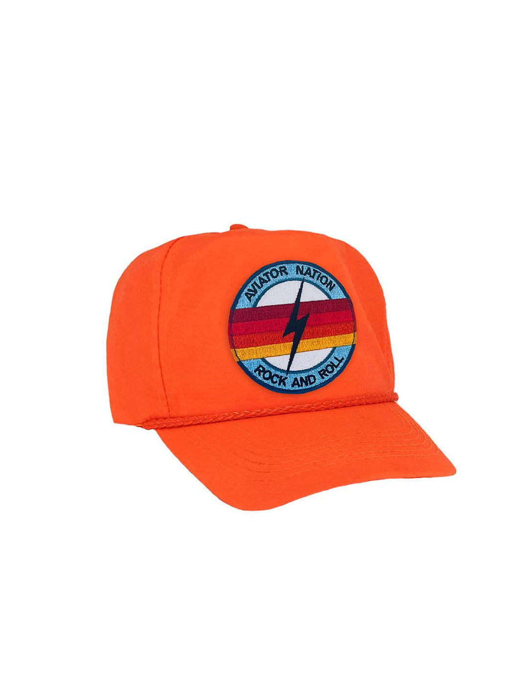 Front angle view of Aviator Nation's rock and roll vintage nylon trucker hat in neon orange.
