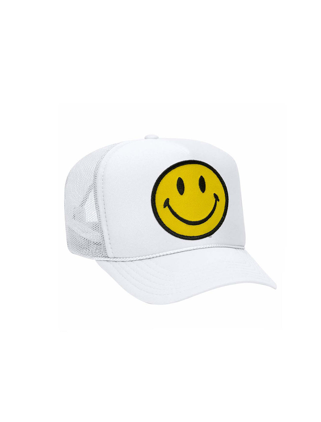 Front angle view of aviator nation's smiley vintage low rise trucker in white.