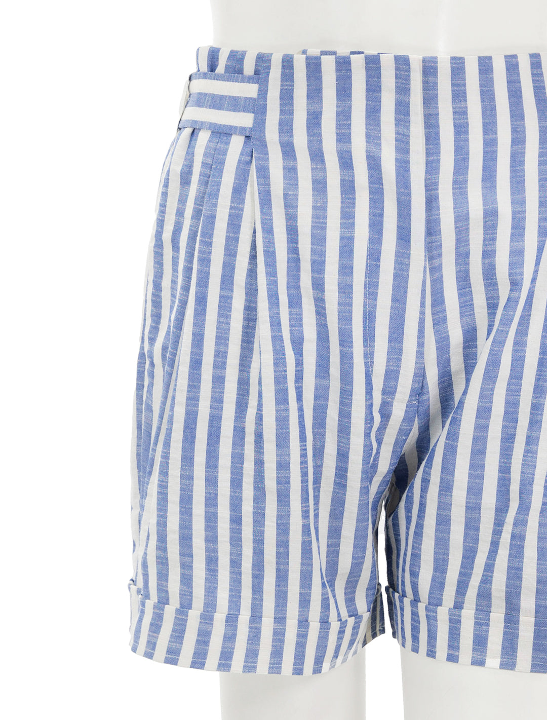 Close-up view of Nation LTD's maja stripe short in parisian blue stripe.