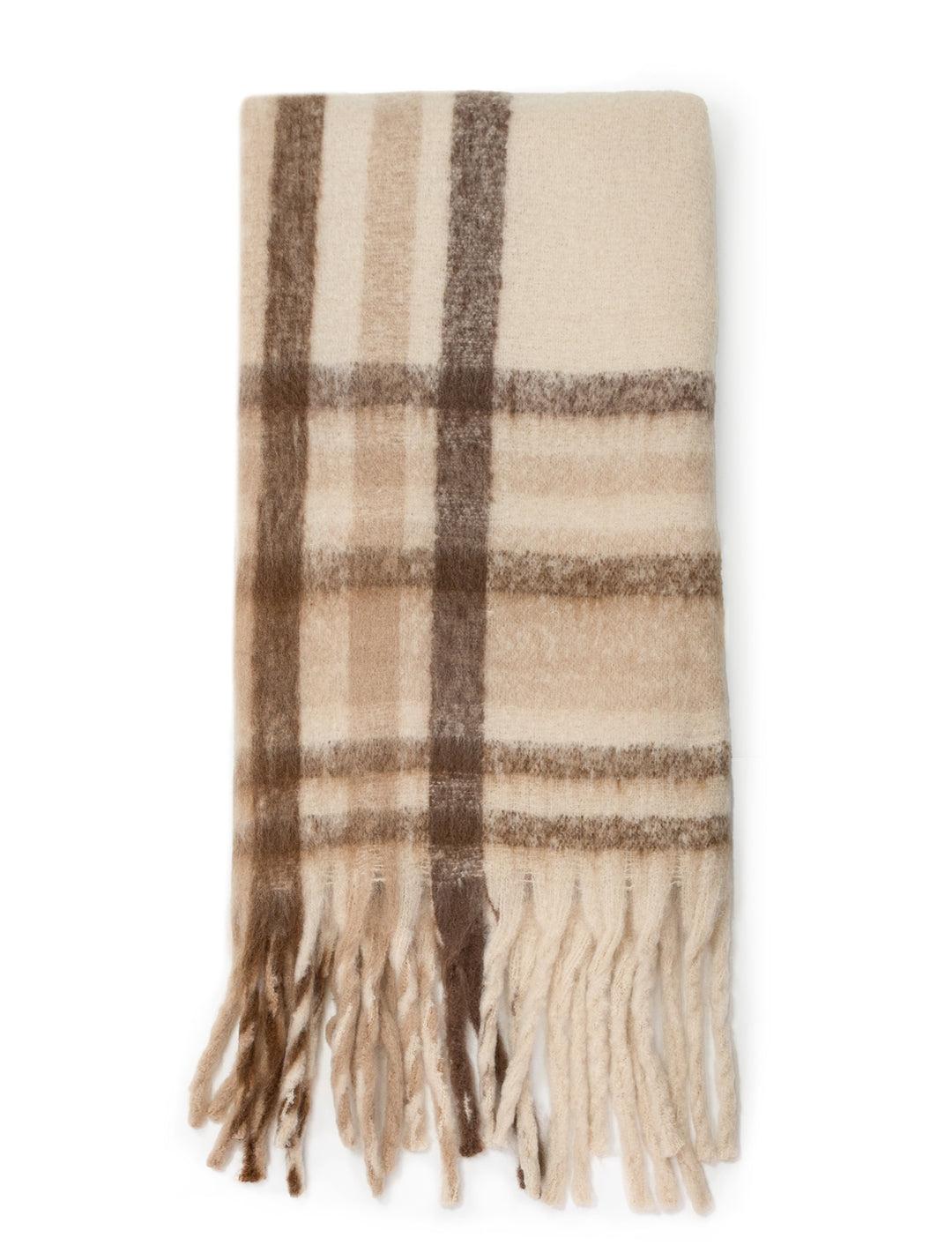 Overhead view of Hat Attack's Cozy Plaid Scarf in Tan.