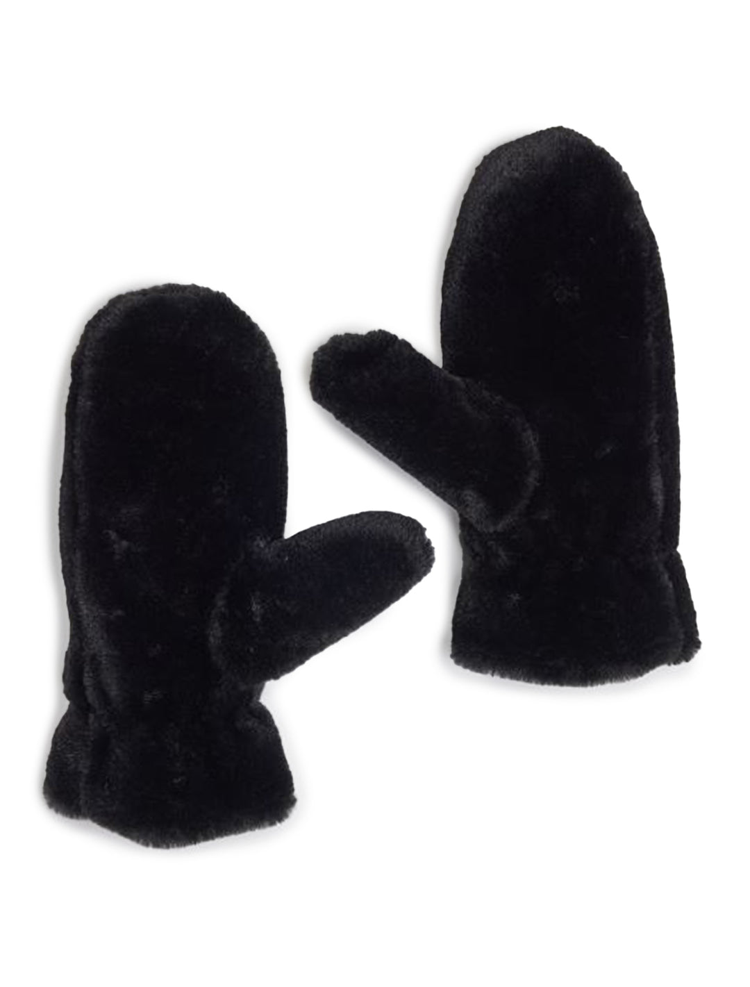 Overhead view of Hat Attack's faux fur mittens in black.