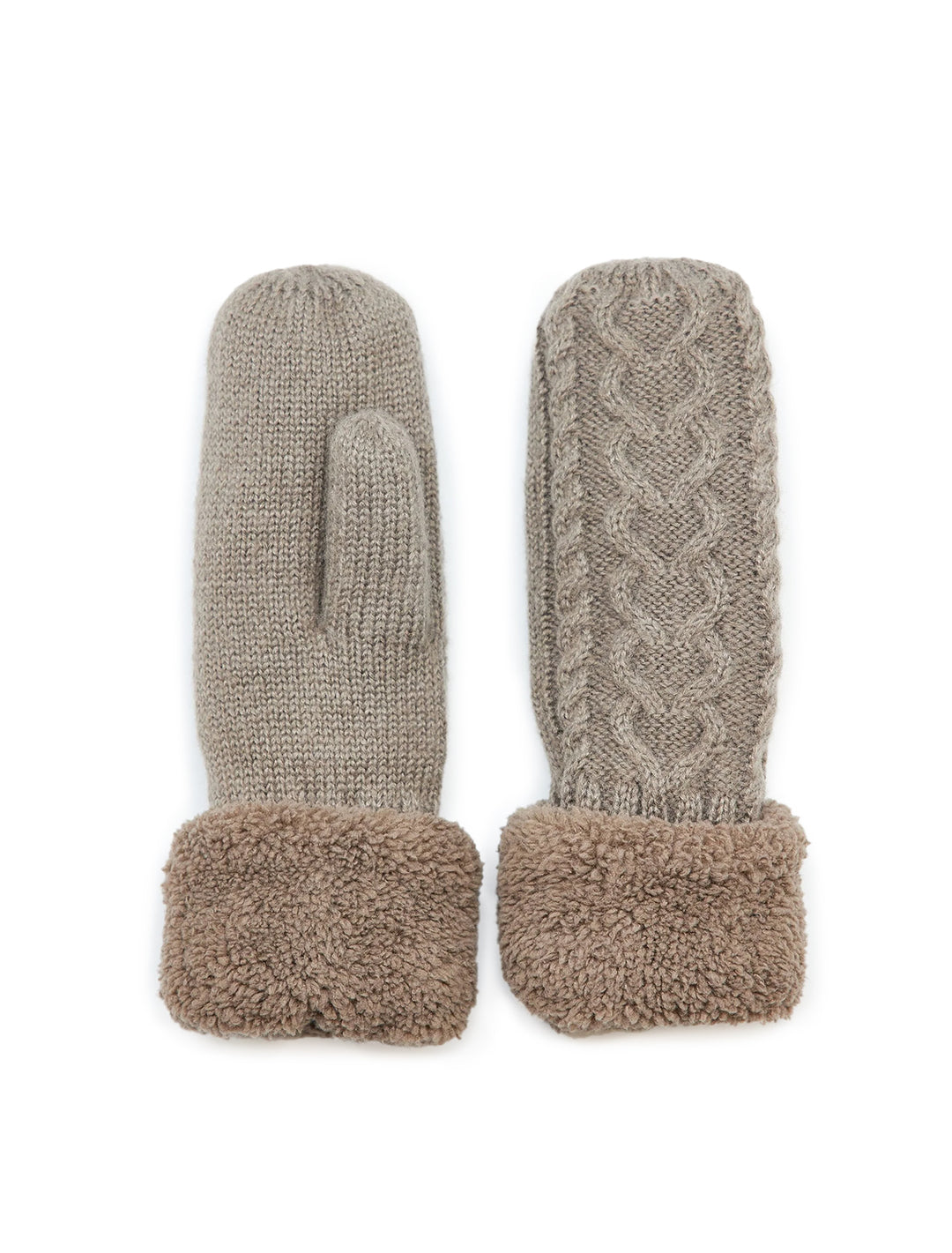 Overhead view of Hat Attack's flurry lined mittens in taupe.