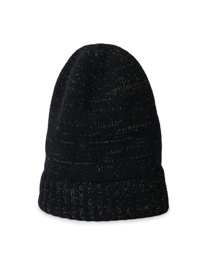 Front view of Hat Attack's Cashmere and Gold Sparkle Beanie, uncuffed.