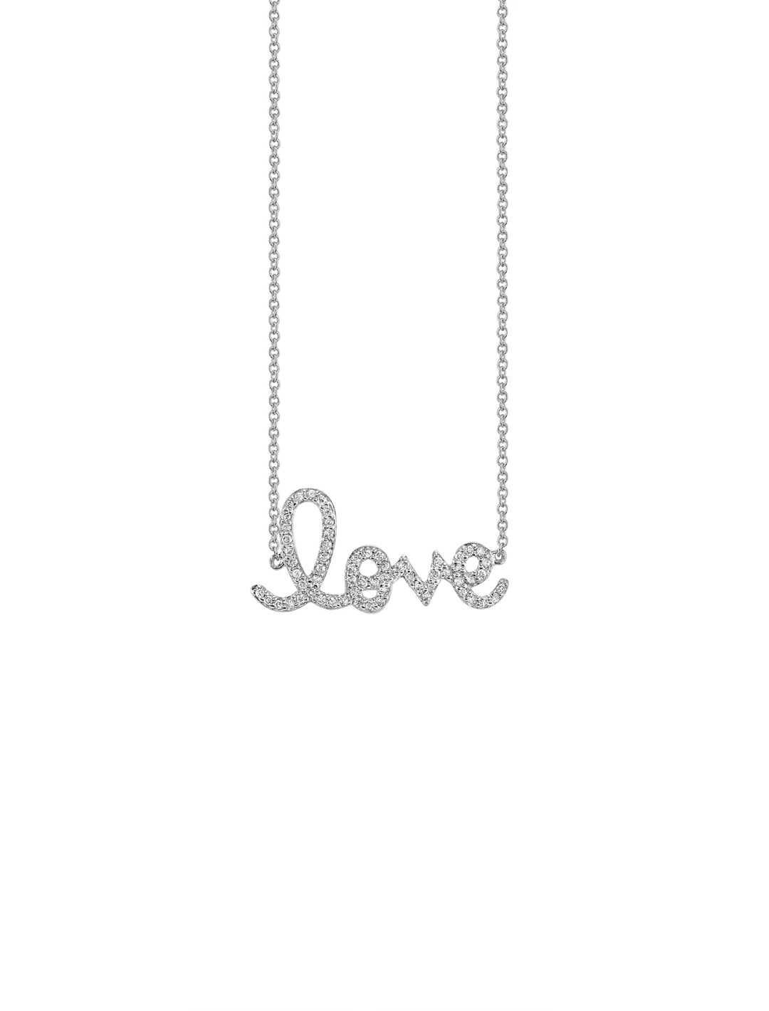Front view of Sydney Evan's medium love script charm necklace in white gold.