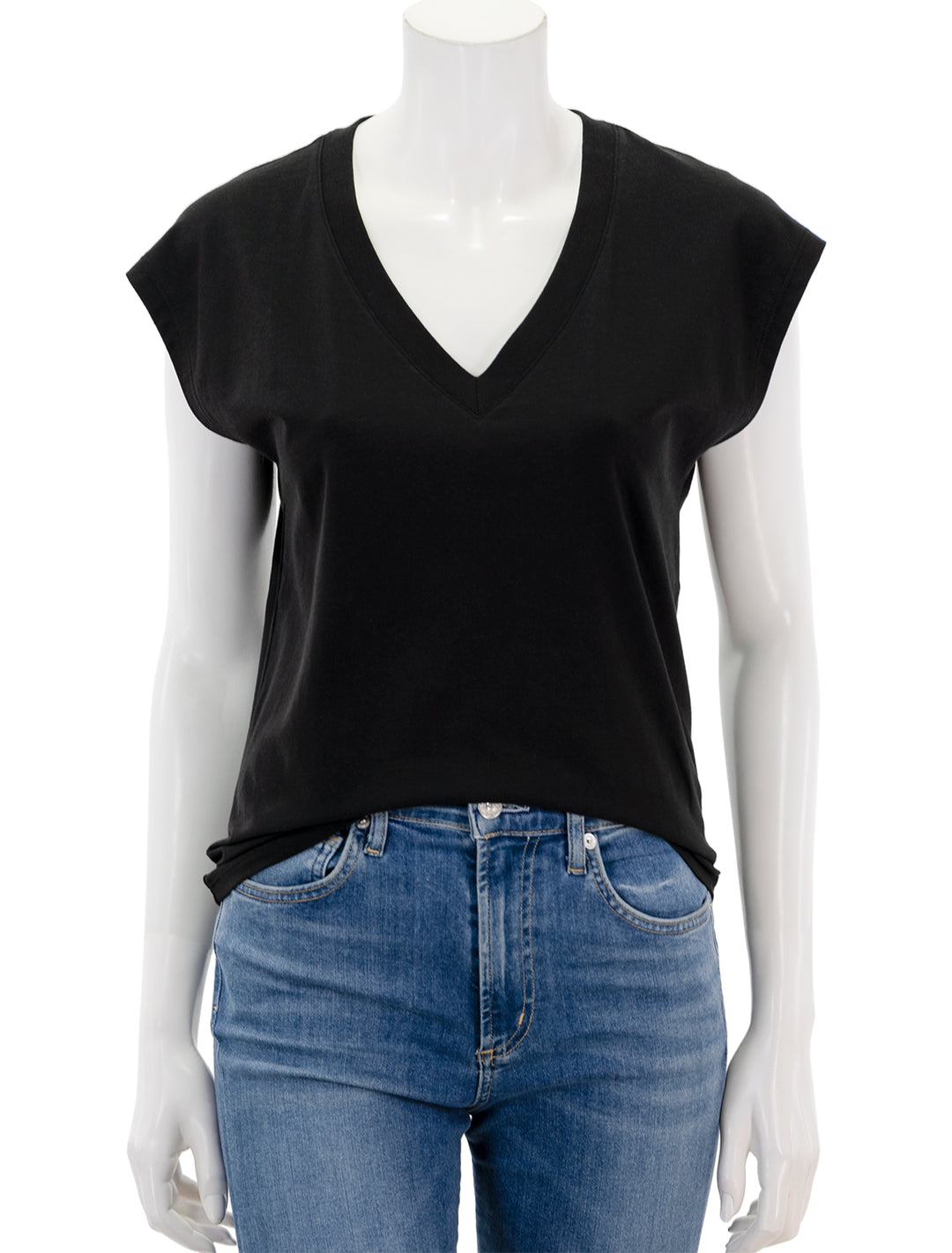 Front view of Patrick Assaraf's iconic vneck dolman tee in black.