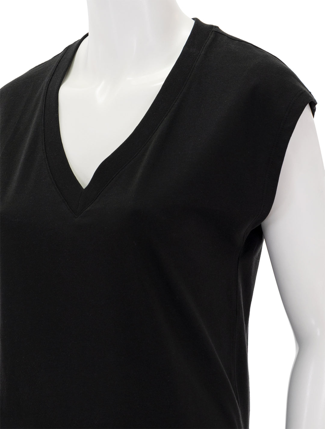 Close-up view of Patrick Assaraf's iconic vneck dolman tee in black.