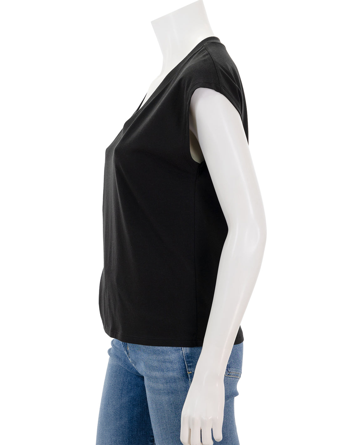 Side view of Patrick Assaraf's iconic vneck dolman tee in black.