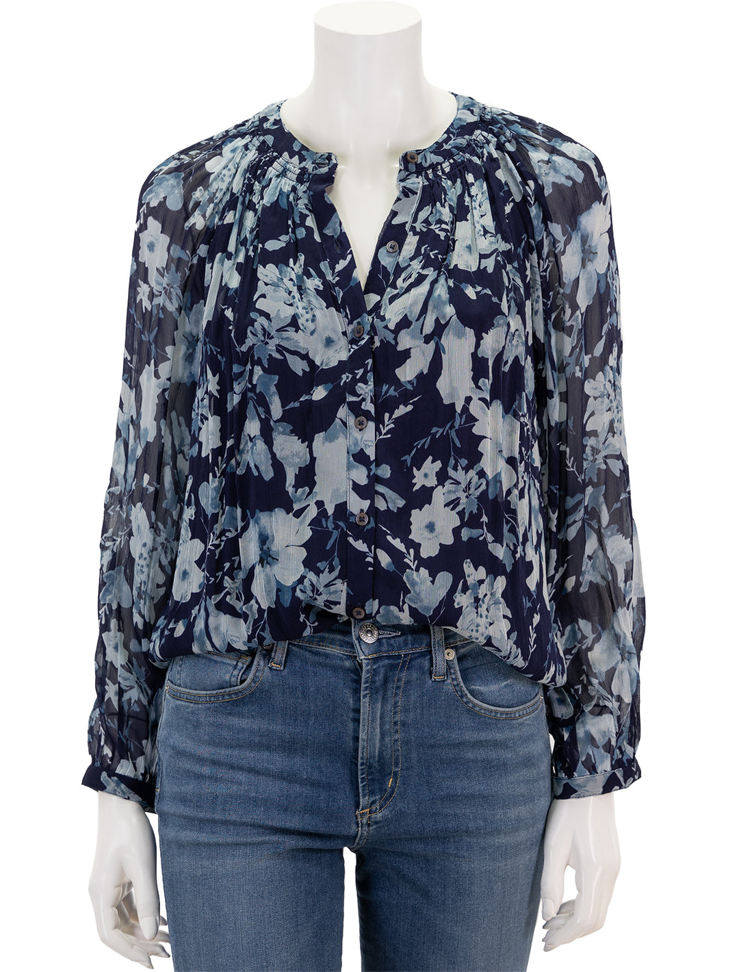 Front view of Rails' nessie blouse in indigo blossoms.