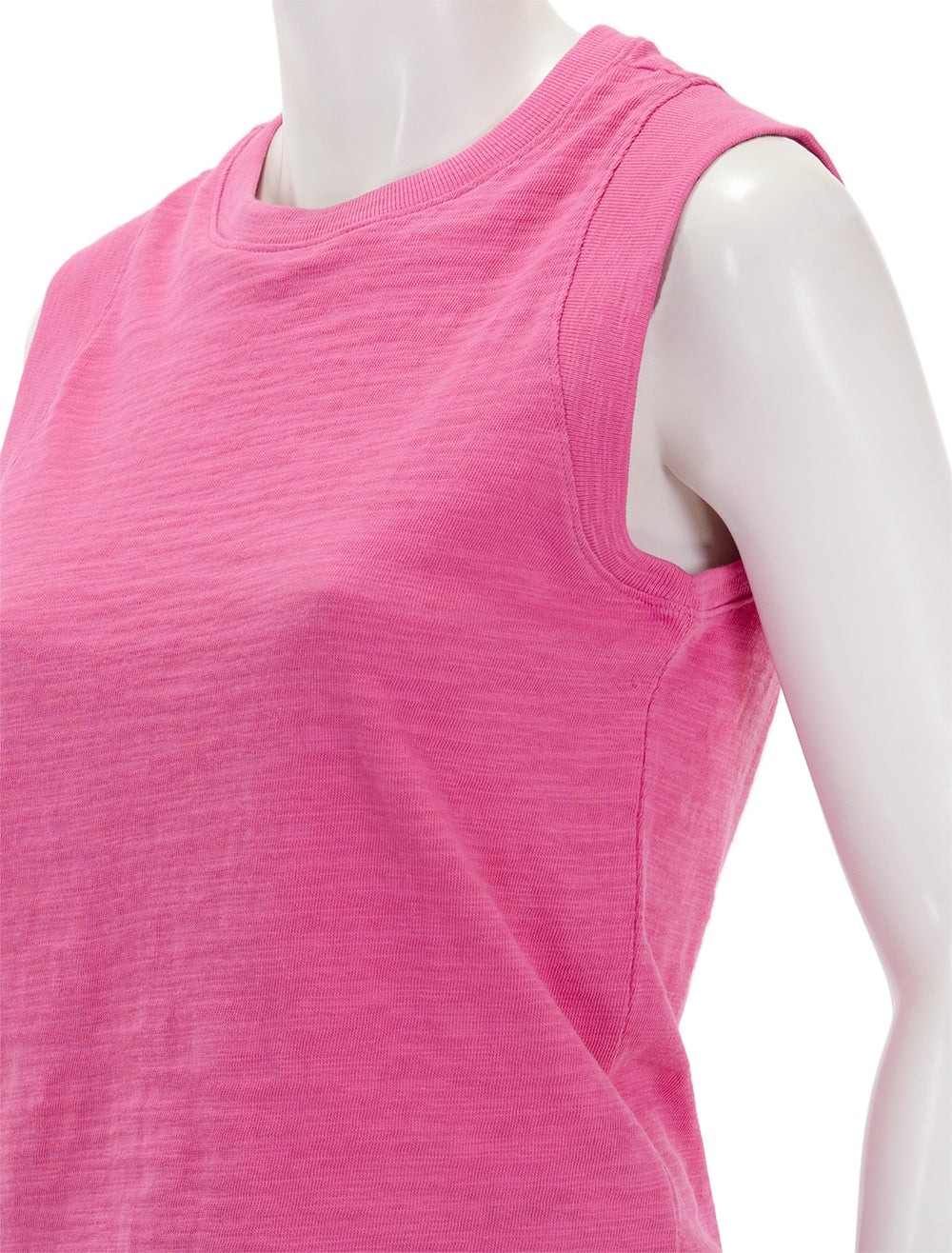 Close-up view of Faherty's sunwashed slub muscle tank in cone flower pink.