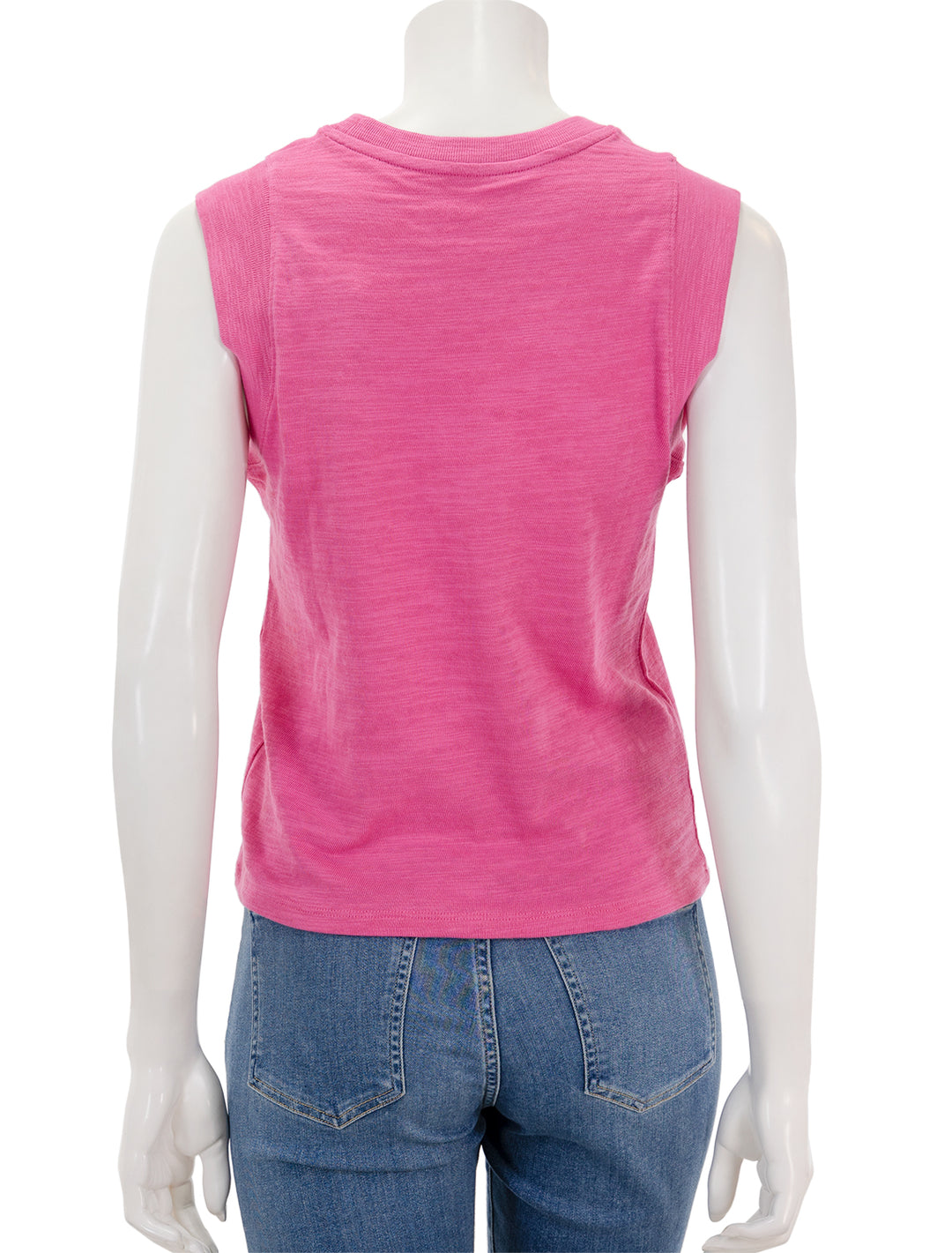 Back view of Faherty's sunwashed slub muscle tank in cone flower pink.