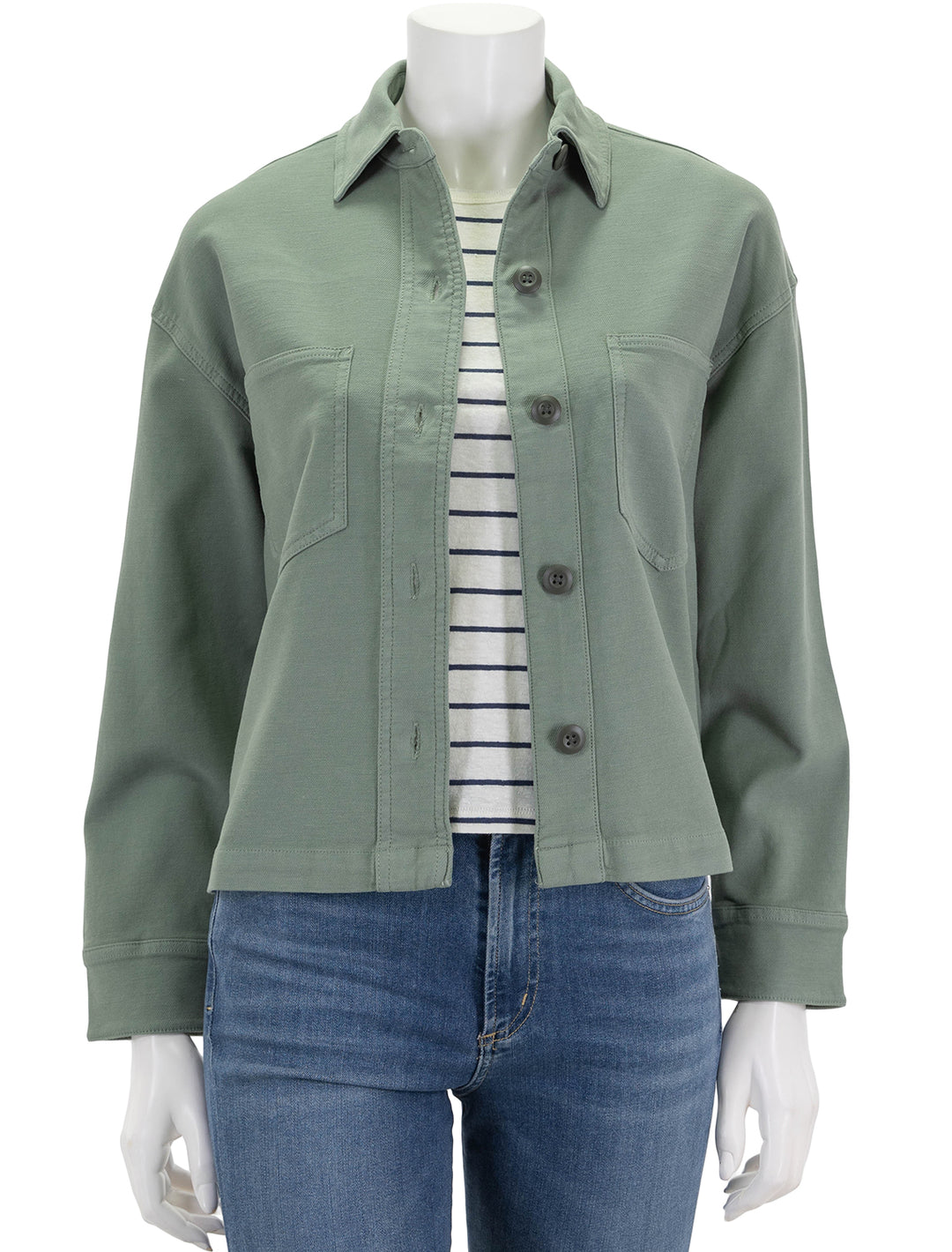 Front view of Faherty's stretch terry overshirt in coastal sage.