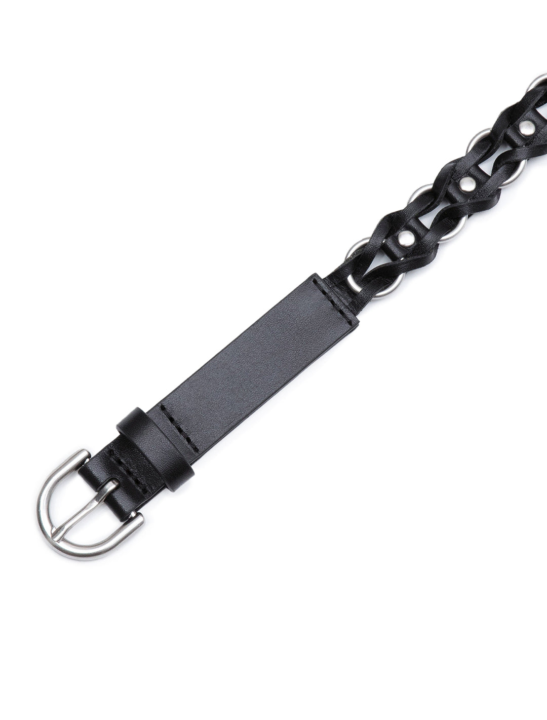 Close-up view of Rag & Bone's aria chain belt in black.