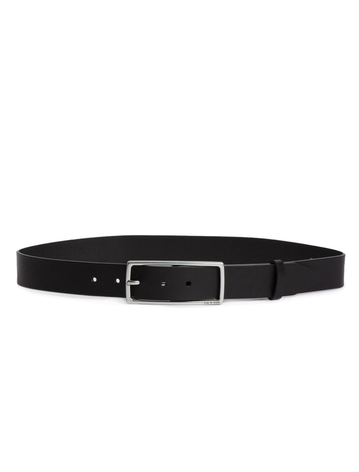 Front view of Rag & Bone's rebound belt in black and silver.
