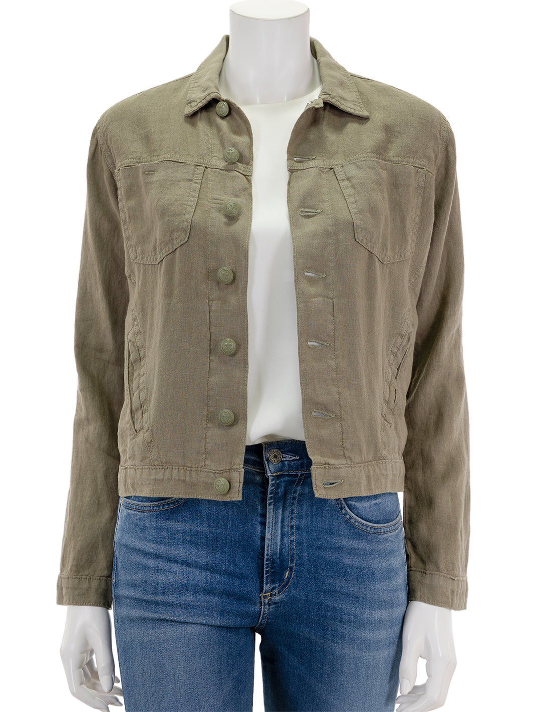 Front view of L'agence's celine slim femme jacket in covert green.