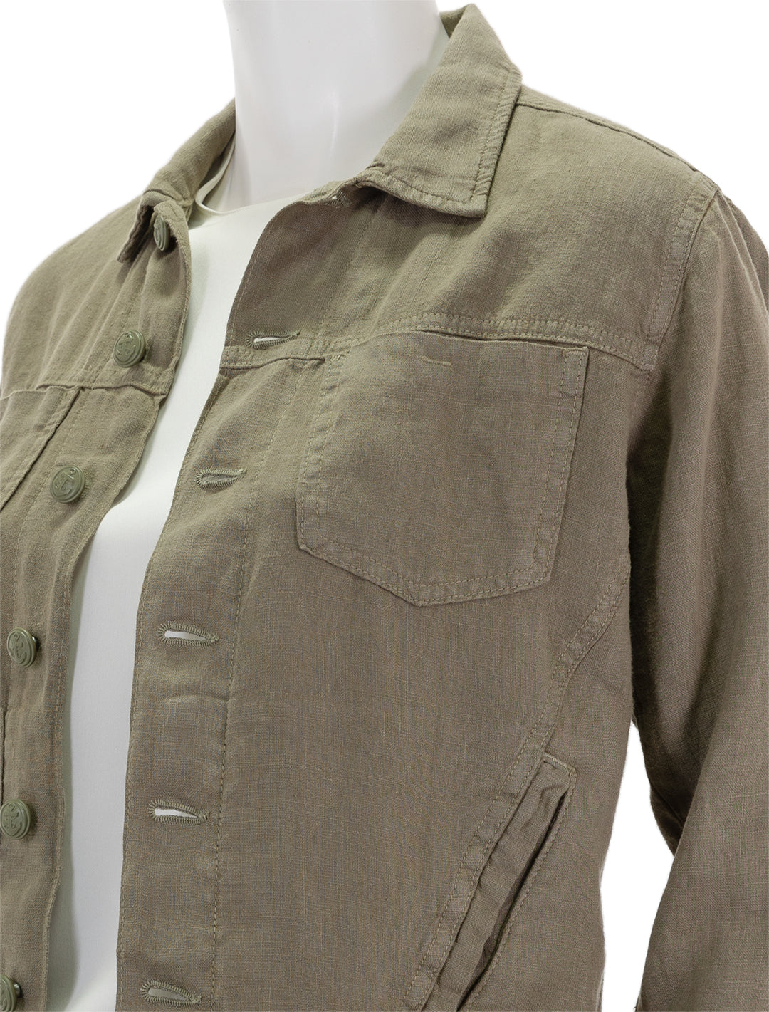 Close-up view of L'agence's celine slim femme jacket in covert green.