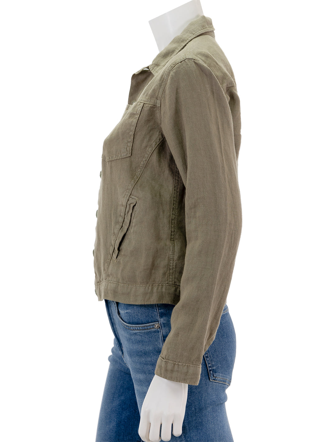 Side view of L'agence's celine slim femme jacket in covert green.