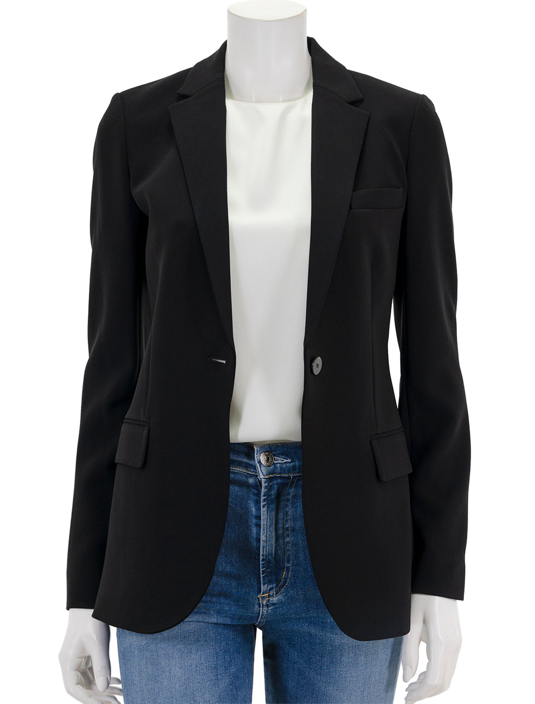Front view of Theory's the staple blazer in admiral crepe, unbuttoned.
