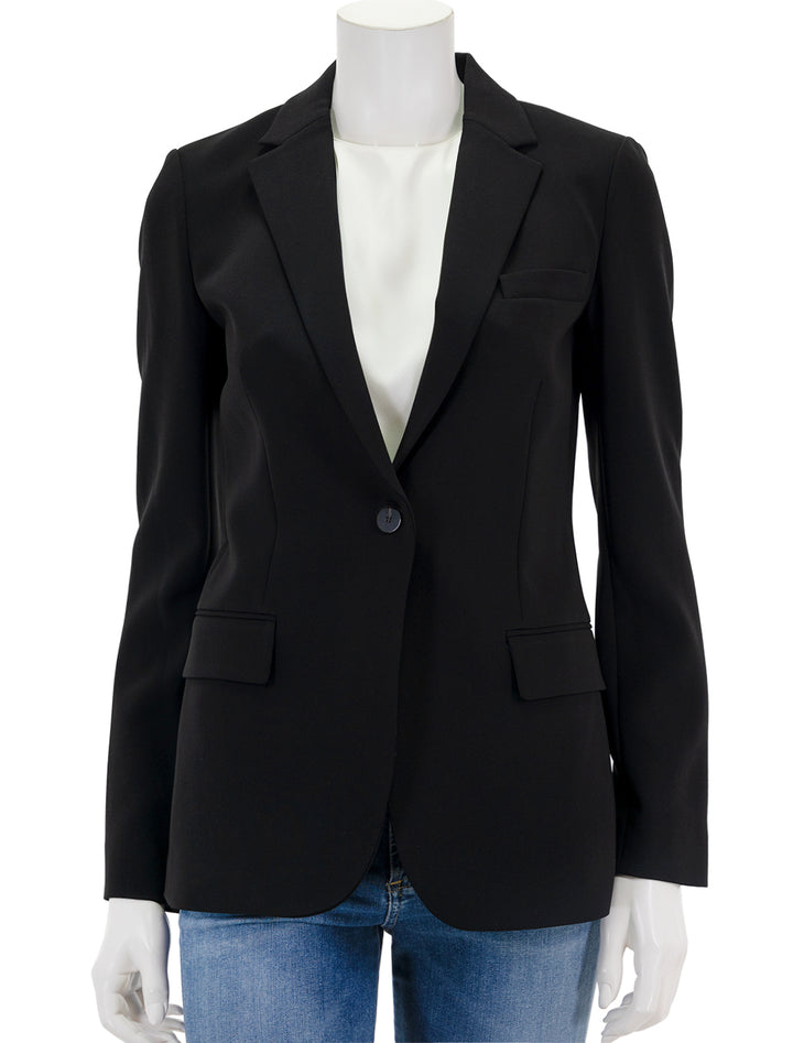 Front view of Theory's the staple blazer in admiral crepe, buttoned.
