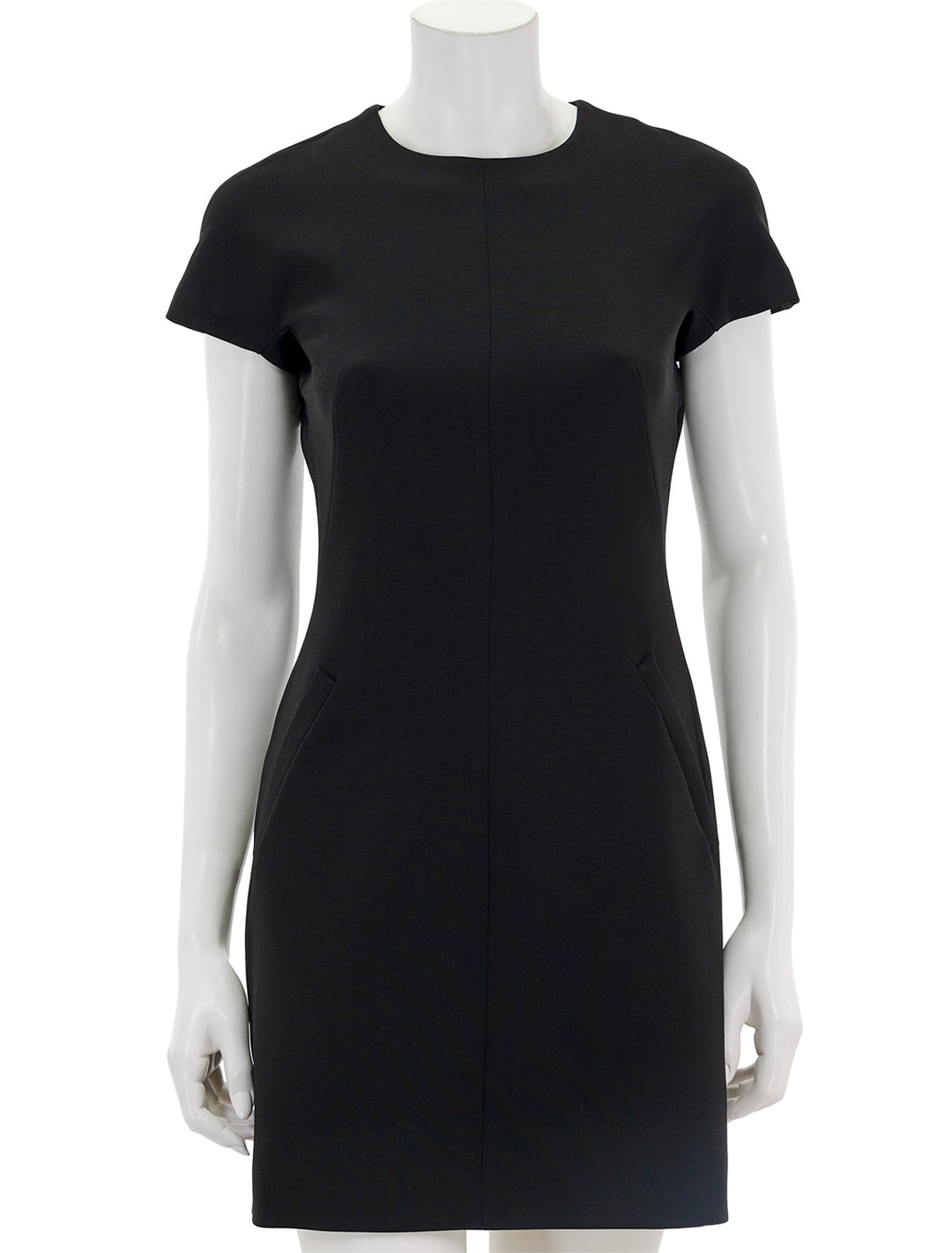 Front view of Theory's dolman short sleeve admirable crepe dress in black.