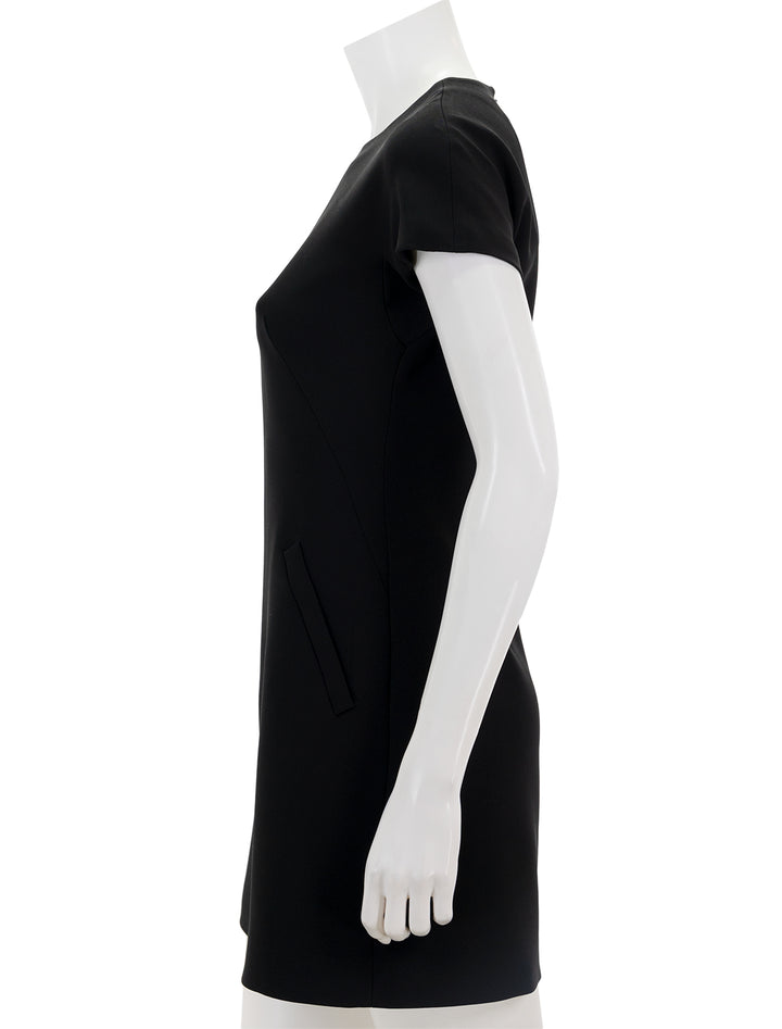 Side view of Theory's dolman short sleeve admirable crepe dress in black.