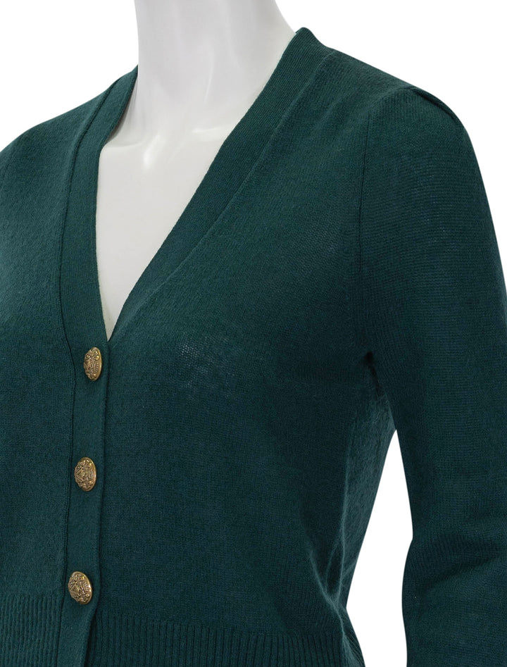 Close-up view of Veronica Beard's solene cashmere cardigan in pine.