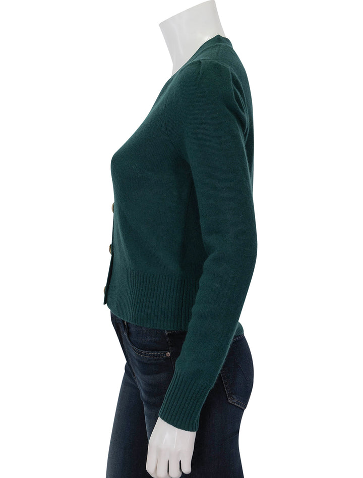 Side view of Veronica Beard's solene cashmere cardigan in pine.