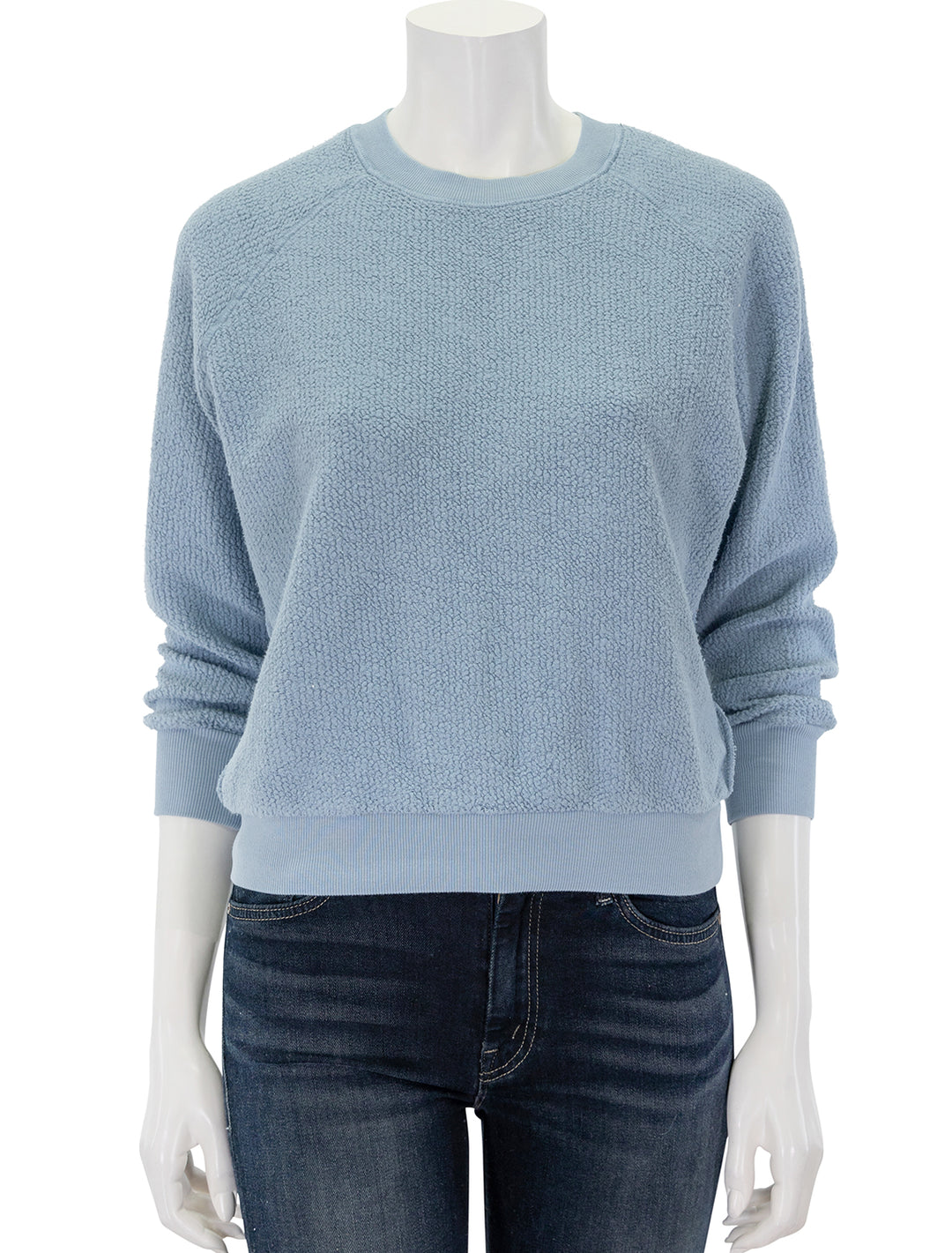 Front view of Perfectwhitetee's ziggy sweatshirt in mountain blue.