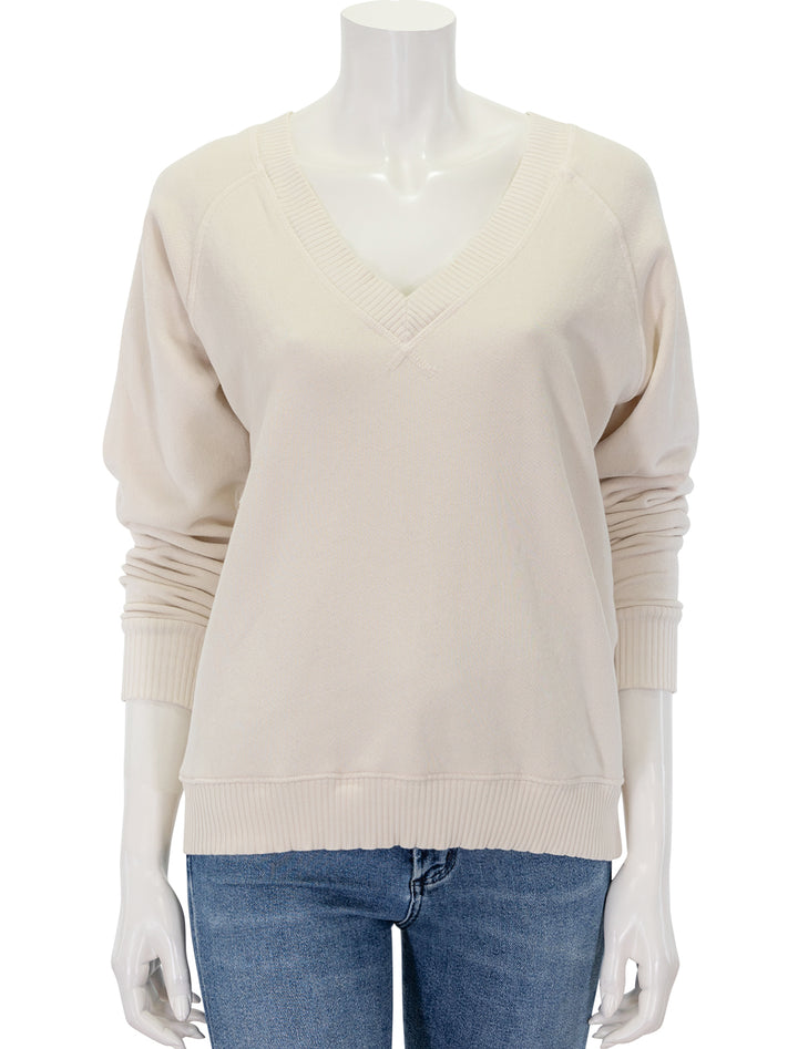 Front view of Perfectwhitetee's dakota v-neck sweatshirt in sugar.