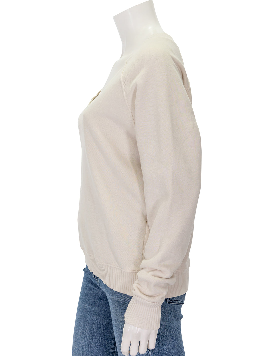 Side view of Perfectwhitetee's dakota v-neck sweatshirt in sugar.