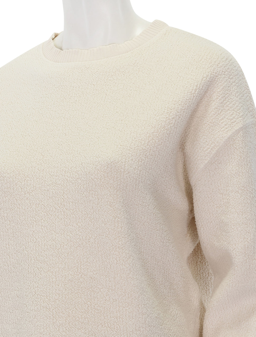 Close-up view of Perfectwhitetee's mayer reverse fleece sweatshirt in sugar.