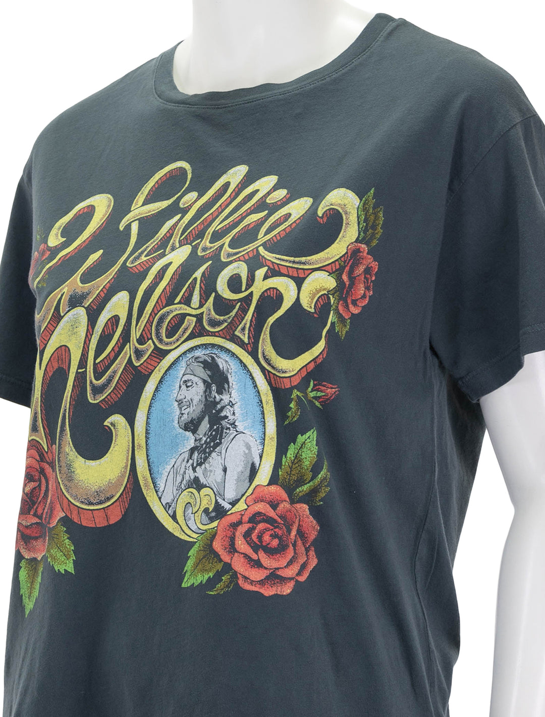 Close-up view of Daydreamer's willie nelson rose frame boyfriend tee in vintage black.
